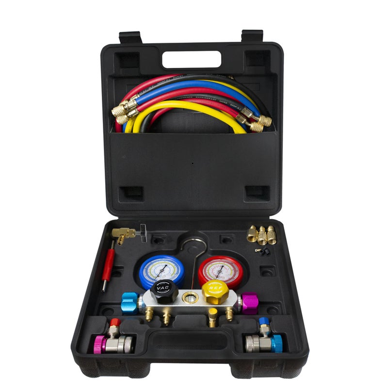 BACOENG AC Manifold Gauge Set for R134A R410A R22, HVAC Gauges with Hoses, 4 Way AutomotiveAir Conditioner Refrigerant Recharge Kit - Image 1